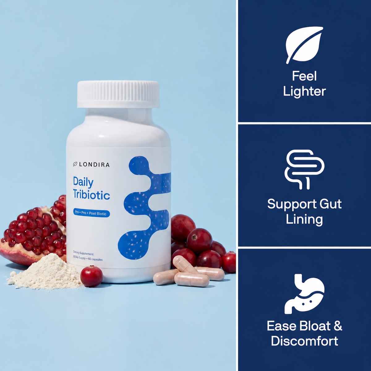 Londira Daily Tribiotic bottle with pomegranate and cranberry