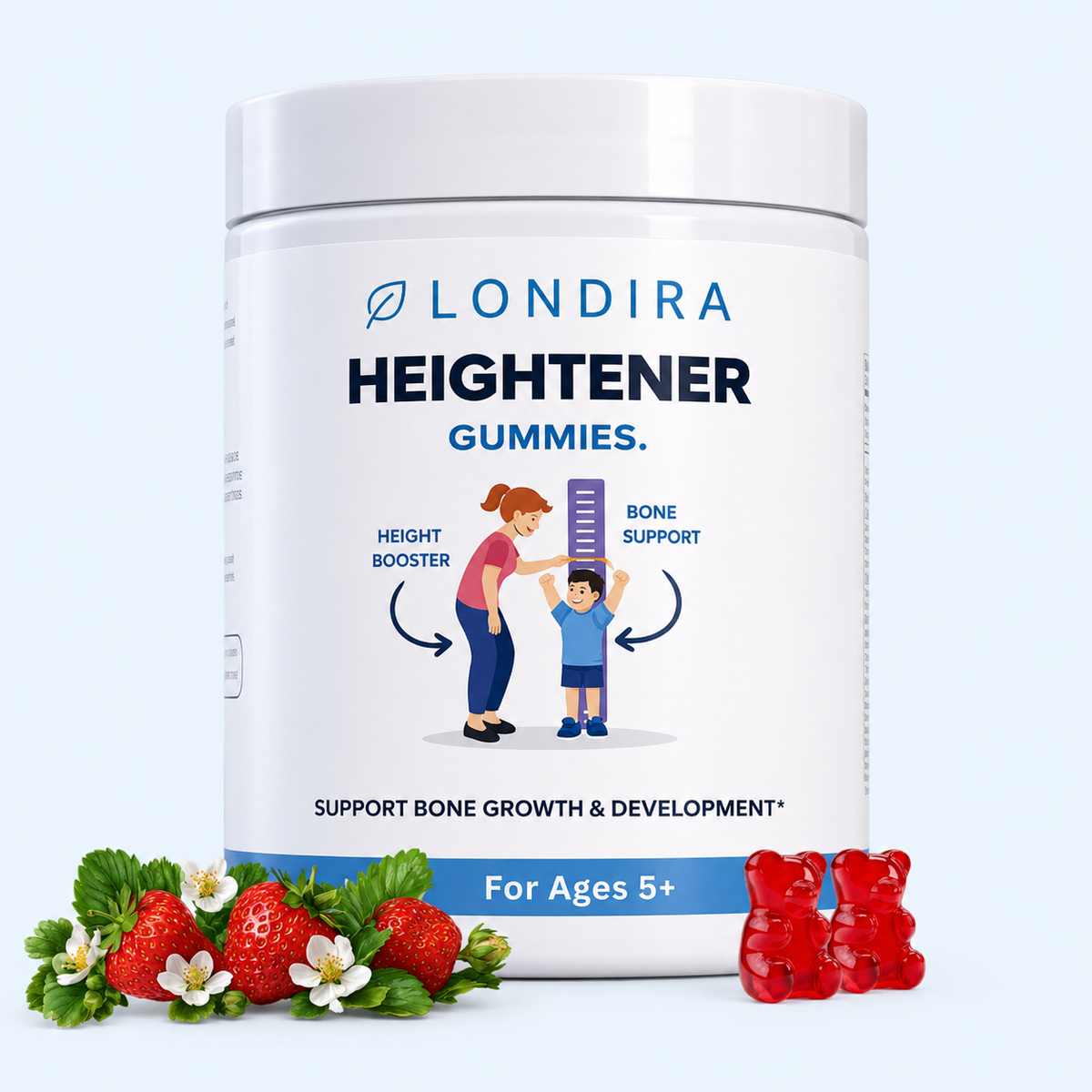 Londira Heightener Gummies jar with strawberries