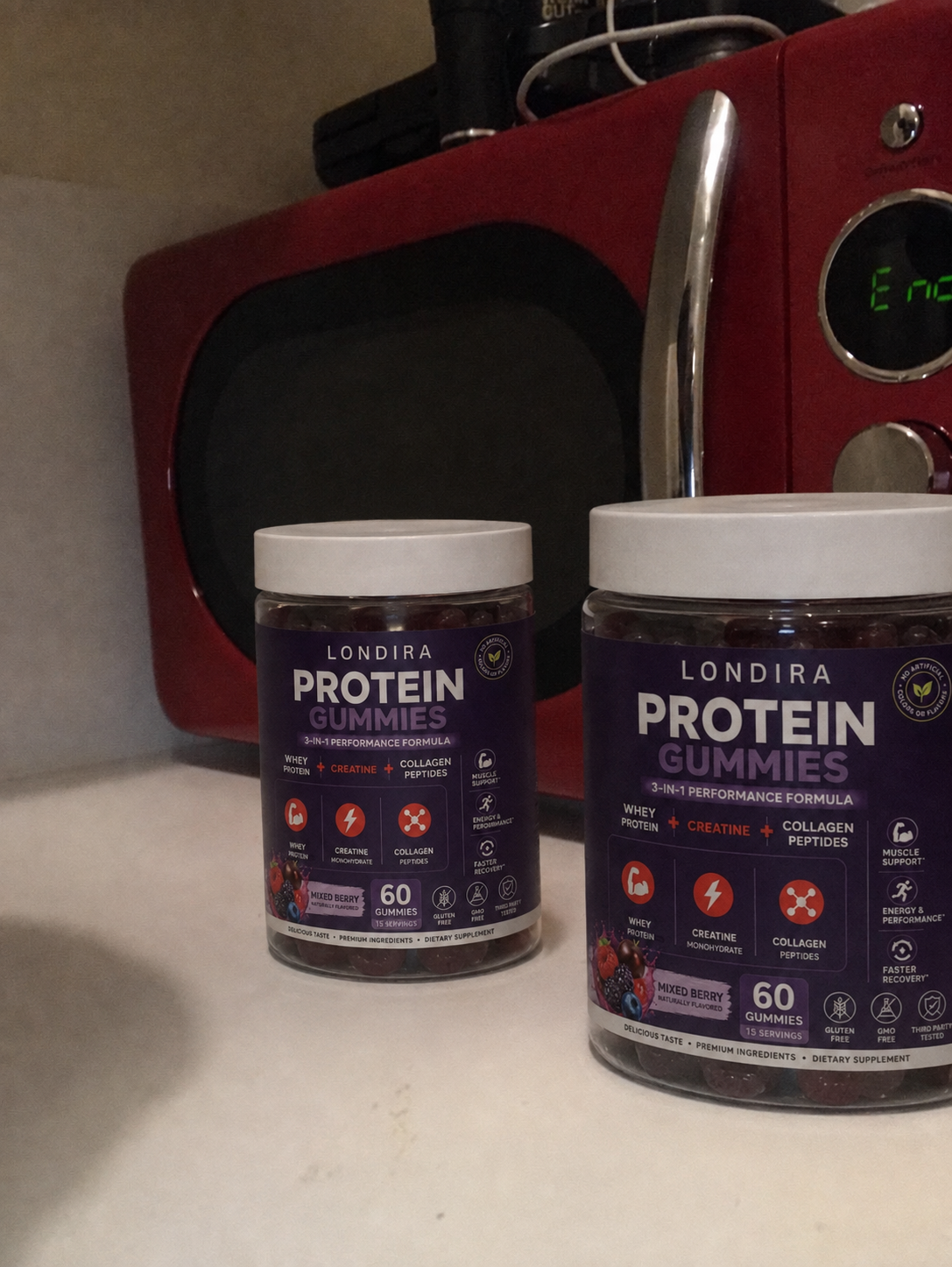 Two jars of Londira 3-in-1 Protein Gummies