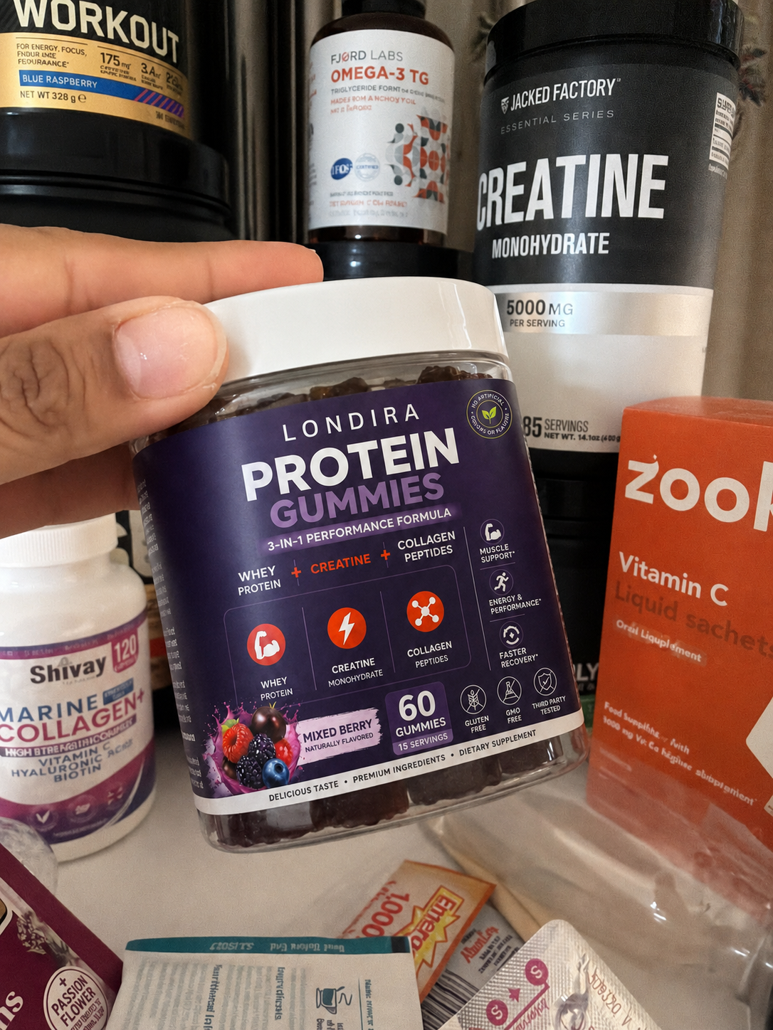 Londira 3-in-1 Protein Gummies jar with training supplements
